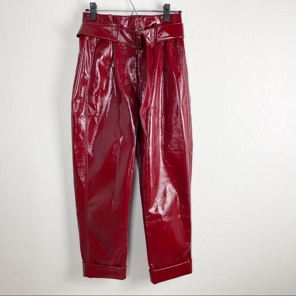 Nicholas Synthetic Crinkle Belted Cropped PVC Trouser Pants in Burgundy Red - Picture 2 of 7
